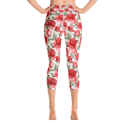 Red Rose Flowers Seamless Pattern Yoga Capri Leggings