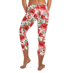 Red Rose Flowers Seamless Pattern Capri Leggings