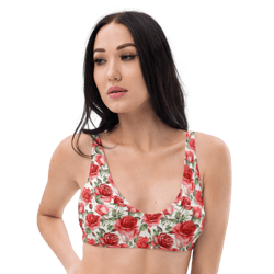 Red Rose Flowers Seamless Pattern Recycled padded bikini top