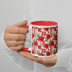 Red Rose Flowers Seamless Pattern Mug with Color Inside