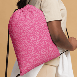 White Outline Polka Dot Hearts on the Pink Background Drawstring bag