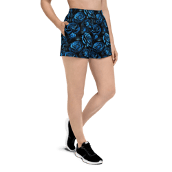 Blue and Black Rose Flowers Seamless Pattern Women’s Recycled Athletic Shorts