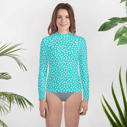 Simple White and Blue Floral Pattern Youth Rash Guard