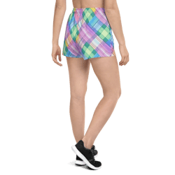 pastel rainbow plaid pattern women’s recycled athletic shorts