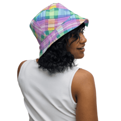 pastel rainbow plaid pattern reversible bucket hat