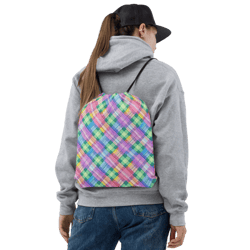 pastel rainbow plaid pattern drawstring bag