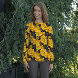 Yellow and Black Rose Flowers Seamless Pattern Women's Rash Guard