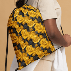 Yellow and Black Rose Flowers Seamless Pattern Drawstring bag