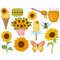 Yellow sunflowers with green leaves and stems summer clipart set. Delicious green macaron. Yellow butterfly and bee. Yellow popsicle with a blue bow. Waffle con