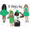 Bundle of clipart elements for St. Patrick's Day for planner with girls. Girls in a green dress, green and white shirts and green hats celebrate St. Patrick's D