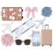 Travel clipart set. Brown suitcase in the shape of a travel chest with stickers from visited countries. Pink bow. Blue planes. Peony buds. A glass jar for trave