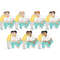Sons in yellow shirts with white stars print and gray pants hug their fathers in white shirts and turquoise pants and celebrate father's day. Sons and fathers h
