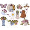 Spring clipart purple butterfly, blue teapot with flowers in it. A wicker hat with sunflowers on it. Blue rubber boots with flowers. White puppy and brown cat w