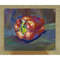Red Bell Pepper is depicted on a blue background. Small Art for kitchen or dining room decor.