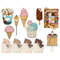 Pastel retro groove clipart set with ice cream. Women's summer pastel manicure with confetti. Ice cream in cups and waffle cones. Ice cream on a stick in chocol