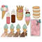 Pastel retro groove clipart set with ice cream. Ice cream waffle cones in female hands. Strawberry cake top view. Ice cream covered with cookies on the edges in