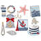 Set of marine items fisherman clipart red and blue. White and blue bag with gold anchor print tied with a red bow. Blue-beige flip flop. Pink starfish. Blue-gra