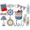 Set of marine items fisherman clipart red and blue. Blue and red striped towel. Fish bait for fishing. Triangular red and blue striped flags garland with anchor