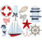 Set of marine items fisherman clipart red and blue. Red and white life buoy. Champagne glass with a blue bow. The stem of the glass is wrapped in rope. Beige sh