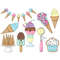 Set of bright summer clipart with ice cream. Garland of ice cream in waffle cups. Multicolored ice cream in a glass goblet with cream, chocolate syrup and cherr