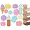Set of bright summer clipart with ice cream. Wafer cones with ice cream balls and sprinkles in female hands. Bright yellow, blue, pink and purple peony buds. Bo