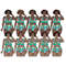 Curvy plus size African American girls with bob hairstyles in green monstera palm leaf printed swimsuits stand with one hand raised to their hair. Girls have di