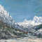 Fragment of hand painted by artist Gouache painting Snow-peaked mountains, sky- mirror lake.