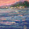 Bright strokes that emphasize the texture of reflection of pink sunset. Bay painting.