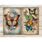 Watercolor digital pages for Junk Journal with vintage orange, green, black beige, blue, purple butterflies on summer flowers background, vintage lettering pape