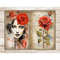 Watercolor red roses and a Victorian girl with red roses in her hair Junk Journal Pages. Floral rosebuds on sepia paper with handwritten ink vintage Digital Col