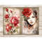Watercolor red roses with green leaves and a beautiful girl with a red rose in her hair Junk Journal Pages. Floral rosebuds on sepia paper Vintage Digital Colla