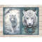 Junk Journal pages with watercolor fairytale white tigers. On the left, a white tiger is walking through a snowy winter forest. On the right is the head of a wh