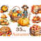 Watercolor autumn pumpkins on a three-tiered tray, pumpkin soup in a pot, a scarecrow, a basket with pumpkins, corn and grapes, a pumpkin pie, a cappuccino in a
