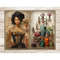 Watercolor black girl brunette apothecary in a beige and black Victorian dress with a corset. A set of bottles with medicines and medicinal plants that stand in