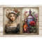 Watercolor girl blonde apothecary in a black Victorian dress and a beige hat with flowers on the hat and a beige scarf around her neck. Large pharmacy bottles w