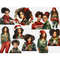 Watercolor Christmas clipart of black girls and a boy in Christmas red and green sweaters, pajamas, sweatshirts and hats. Girls have different shades of hair co