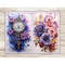 On the left is an old vintage clock with purple flowers against a background of blue spots. On the right is a bouquet of purple, burgundy and pink flowers and y