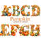 Watercolor pumpkin alphabet letters and numbers. Elegant font for Halloween letters A, B, C, D, E, F, G, H. Floral alphabet with autumn leaves, pumpkins and fru