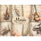 Music Junk Journal Pages and Decoupage Handwritten Music Notes. Watercolor vintage musical instruments, saxophone, guitar, trumpet, piano. Floral arrangements o