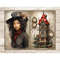 Victorian Christmas Black Junk Journal Pages. A black brunette in a Victorian hat and dress with a red scarf around her neck. Victorian tower with a red roof wi