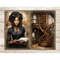 Librarian Junk Journal Page. A young black beautiful brunette girl bookworm in a black Victorian dress holds an open book in her hands. Antique two story librar