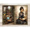 Librarian Junk Journal Page. A young black beautiful girl with brown hair librarian in a black Victorian dress holds an open book in her hands. A library with a