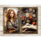 Librarian Junk Journal Page. Young beautiful red-haired girl librarian in a shirt with a book in her hands and with a bag over her shoulder. A stack of books wi