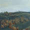 Trees on the hills in the distance. Fragment of a close-up hand painted artwork.