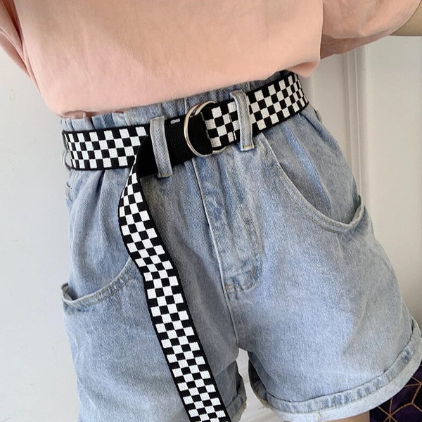 ForAllApparel Black and White Checkered Belt with D Ring Buckle