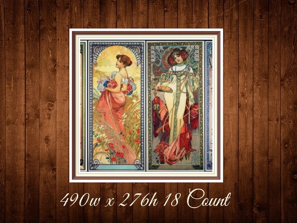 Seasons Cross Stitch Pattern Alphonse Mucha 1890s 490w x 276h 18 Count PDF Vintage Counted.jpg