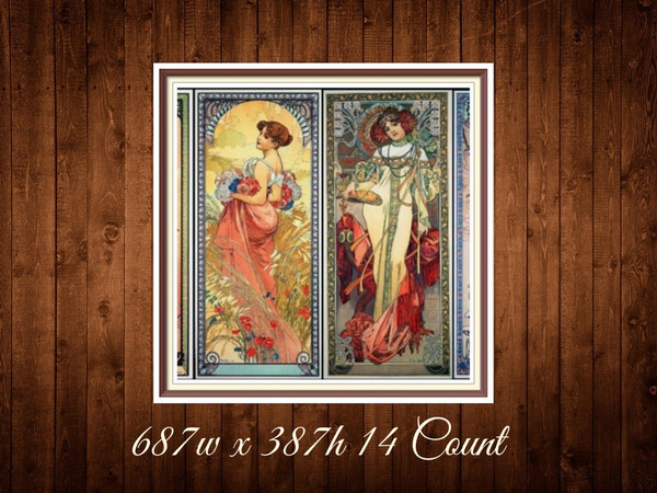 Seasons Cross Stitch Pattern Alphonse Mucha 1890s 687w x 387h 14 Count PDF Vintage Counted.jpg