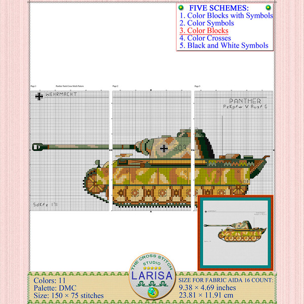 Cross stitch pattern of Panther tank