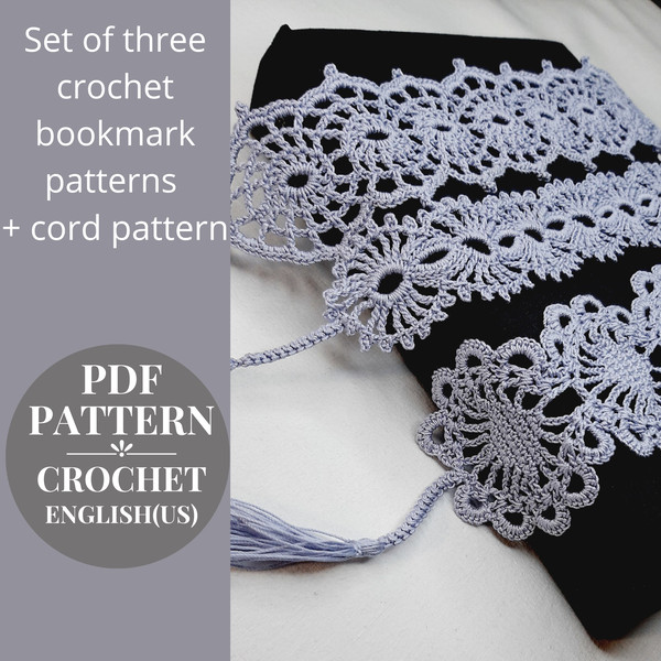 Set of three crochet bookmark patterns and cord pattern. Gift handmade for book lovers.