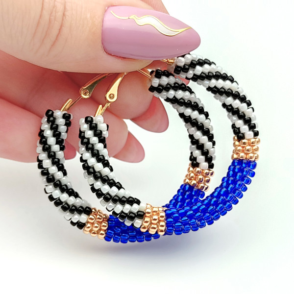 Blue seed bead hoop earrings 1.6